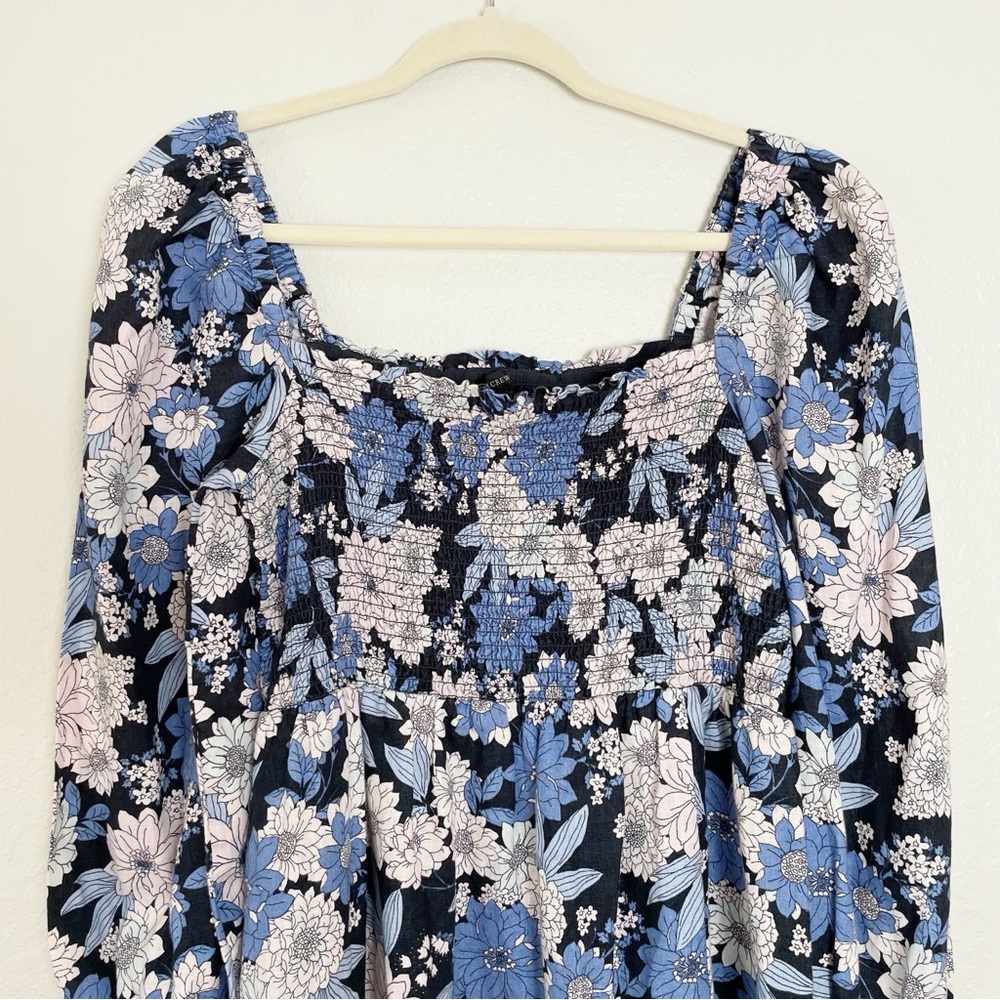 J Crew blue linen daydream zinnia floral smocked 3/4 sleeve dress L Tall - Picture 4 of 15